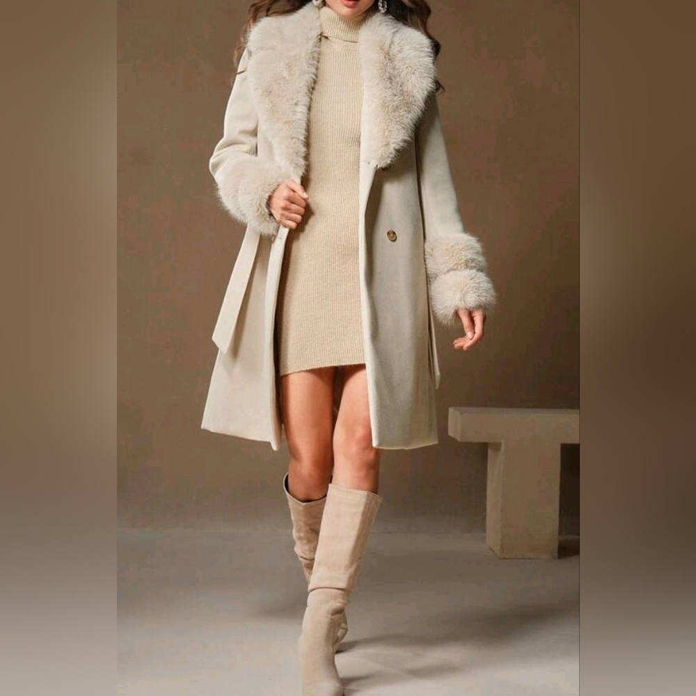 NEW Glam Faux Fur Borg Collar Double Breasted Tie Waist Jacket Coat Beige Cream - Picture 6 of 13